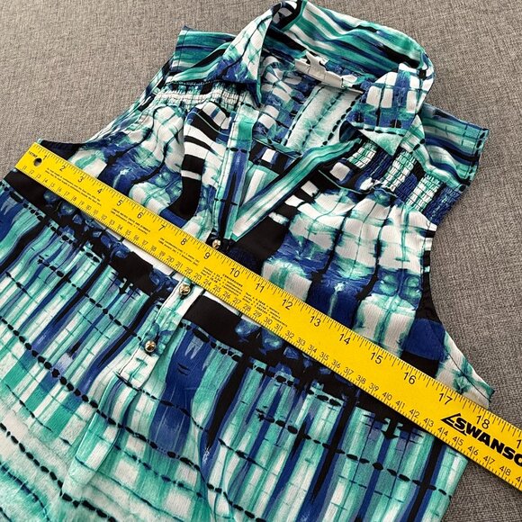 DANA BUCHMAN Top Small Collared V-Neck Sleeveless Green‎ Blue Relaxed Fit - Picture 6 of 10